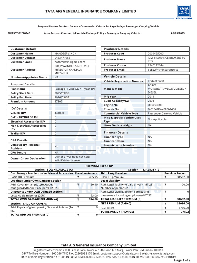 Tata AIG Motor Review Proposal 3188 PR 25 6301228942 | PDF | Insurance ...