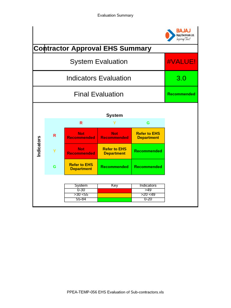EHS Evaluation Summary for Contractors | PDF