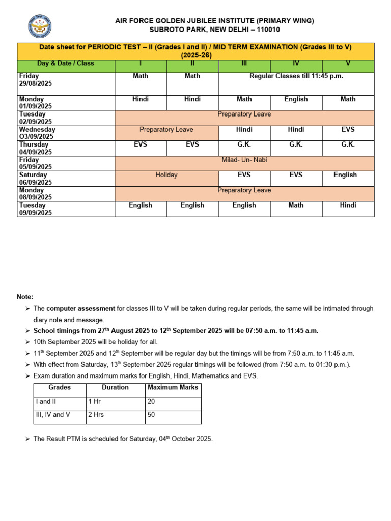 Datesheet For PT 2 - Mid Term 2025-26 | PDF