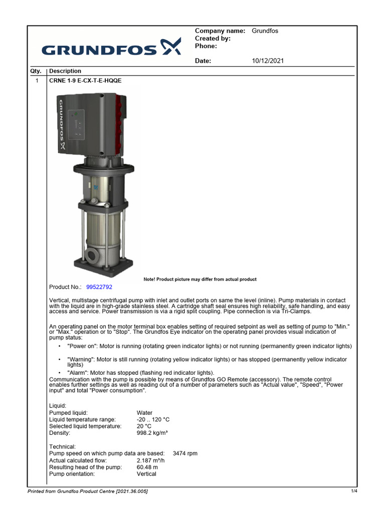 Pump Grundfos CRNE 1-9 E-CX-T-E-HQQE | PDF | Pump | Liquids