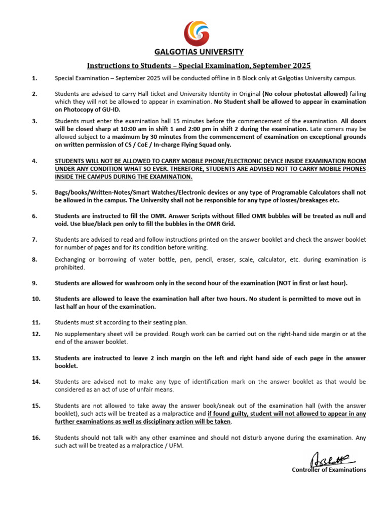 Special Exam Guidelines for Students | PDF