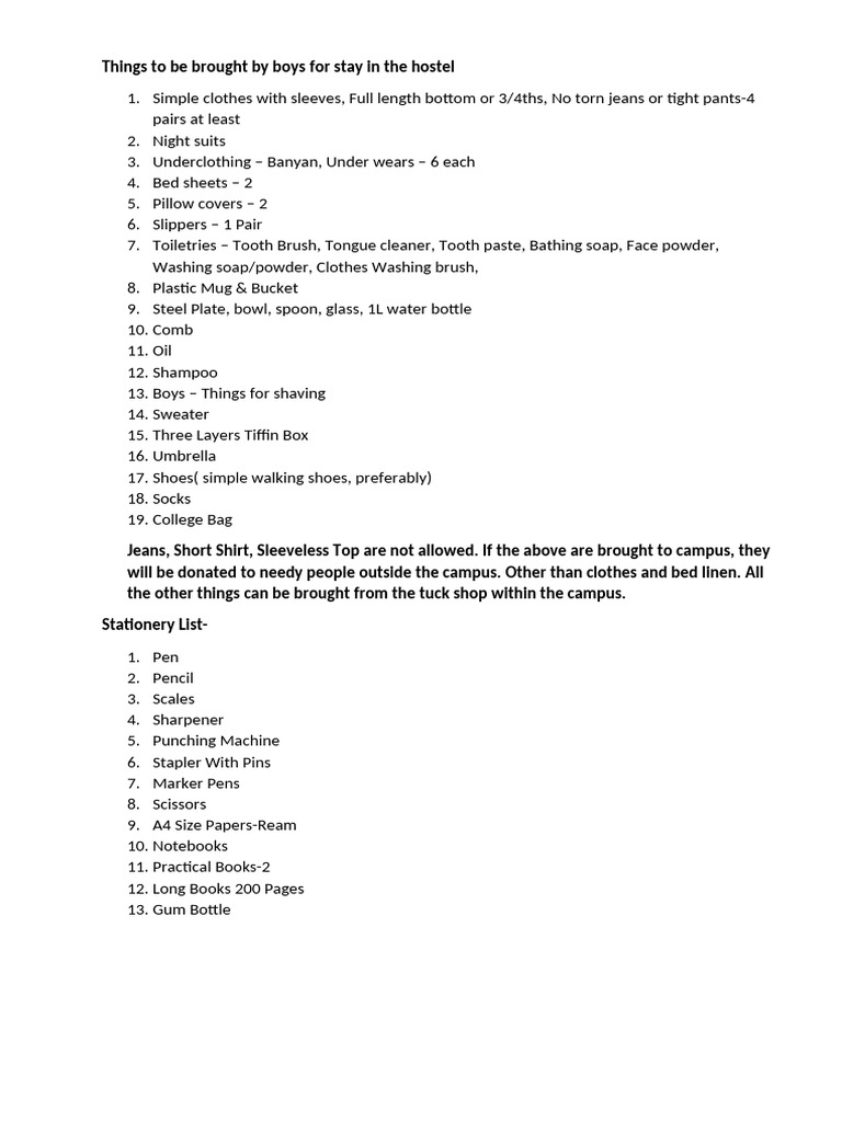 Students Daily Use Material List-Boys | PDF