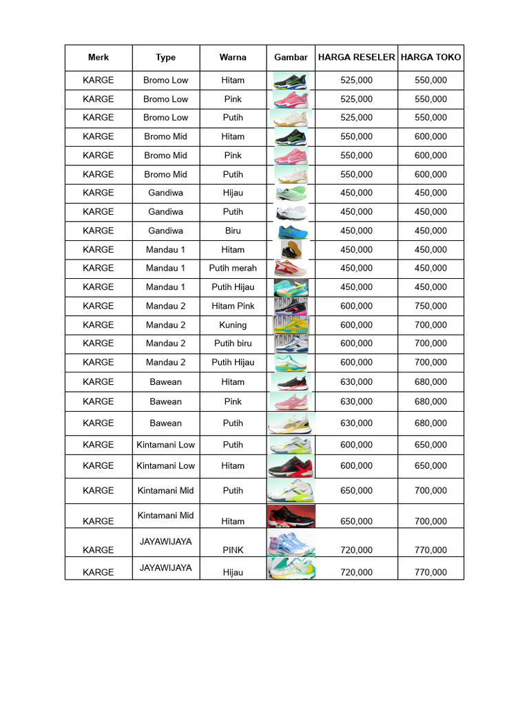 KARGE Shoe Prices and Colors List | PDF