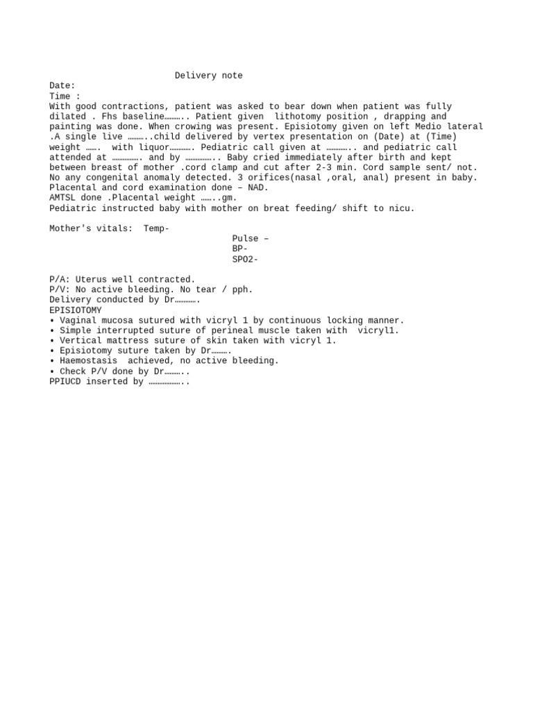 Delivery Notes for Mother and Baby | PDF
