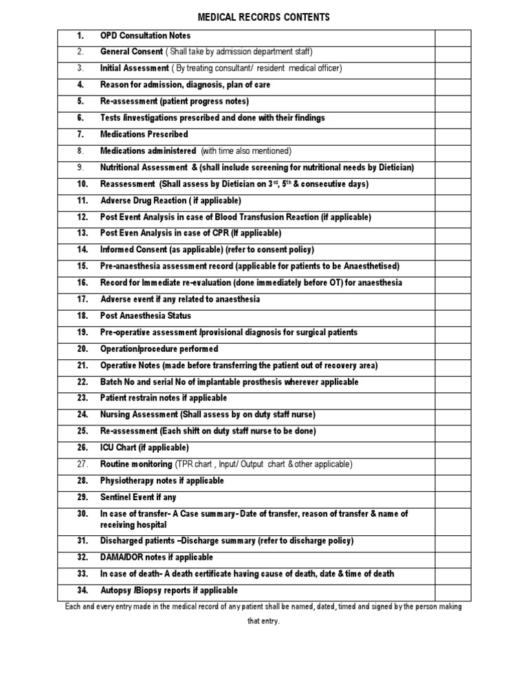 MRD Checklist for Medical Records | PDF