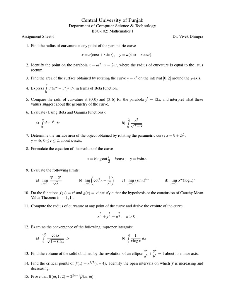 Mathematics I Assignment Overview | PDF | Ellipse | Curvature