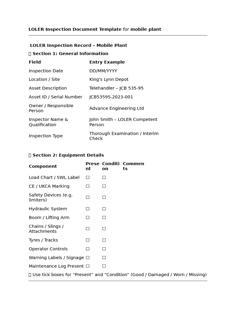 LOLER Inspection Document Template For Mobile Plant | PDF