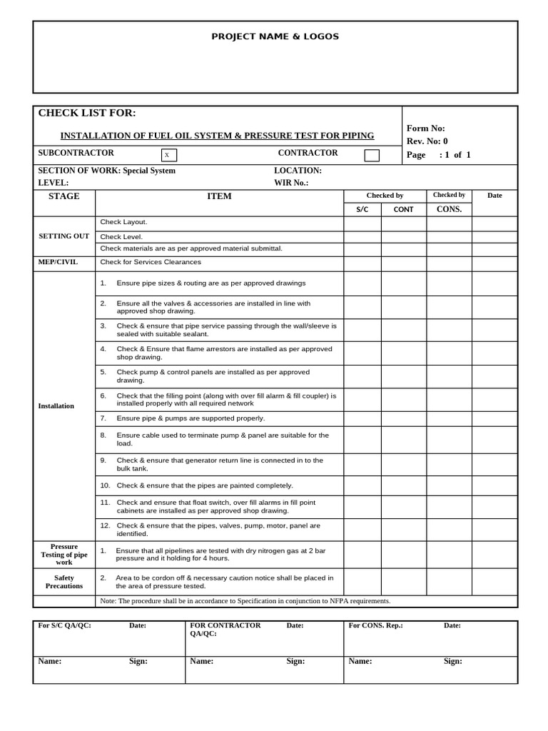 Check List For Installation and Testing of The Fuel Oil System | PDF ...