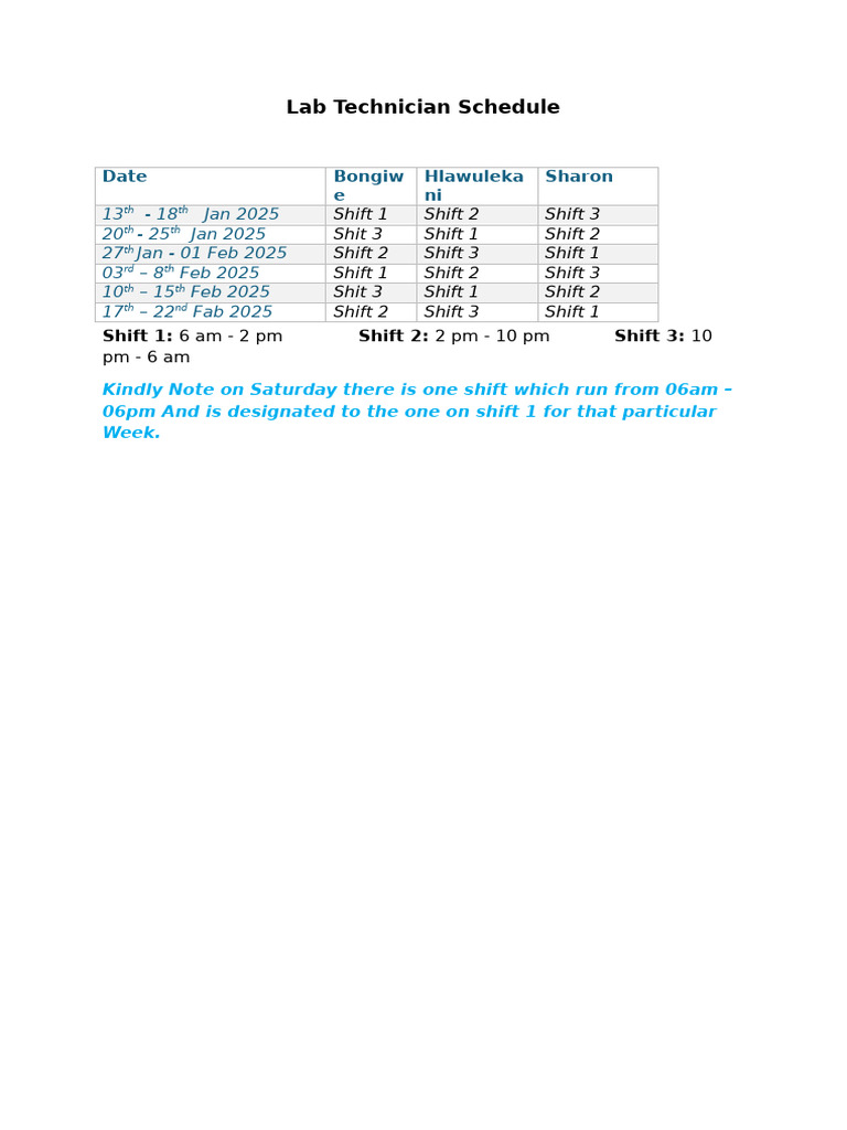 Lab Technicians Schedule | PDF