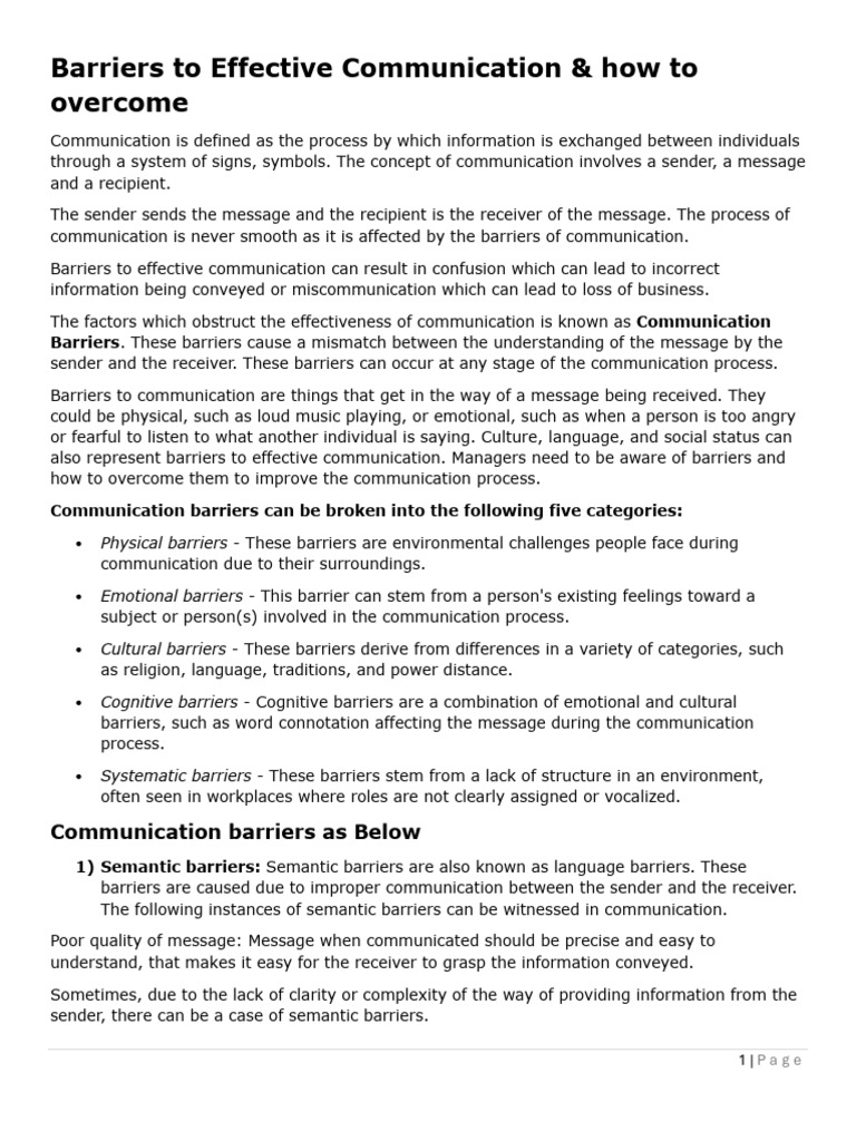 Barriers To Effective Communication & How To Overcome | PDF ...