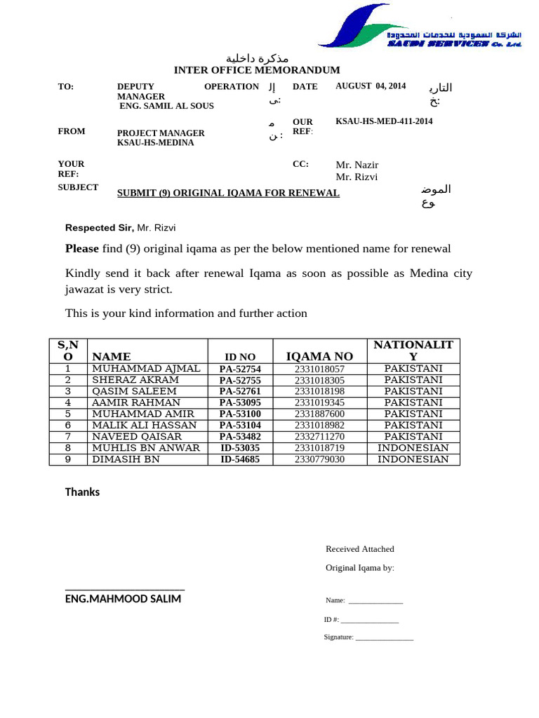 Renewal Request for 9 Original Iqamas | PDF