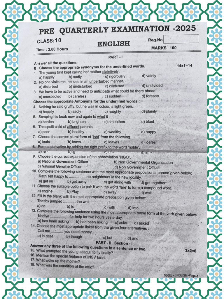 Class 10 English Quarterly Exam Questions Paper 2025 | PDF