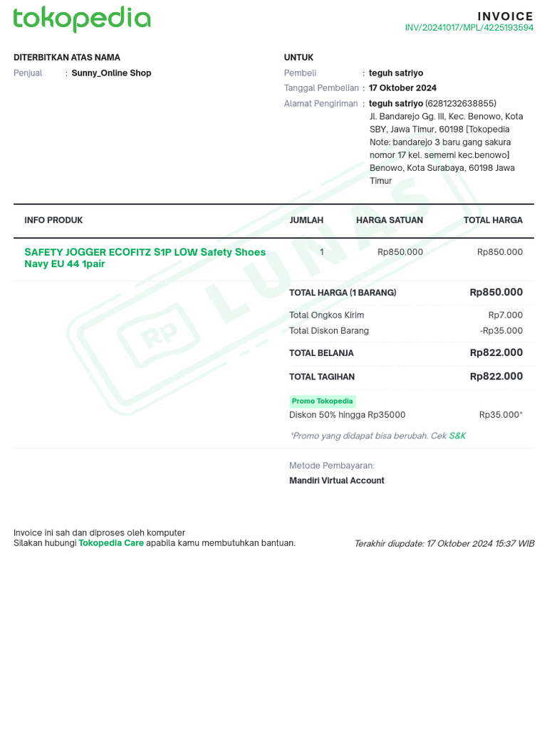 Invoice Pembelian Sepatu Safety 17 Okt | PDF