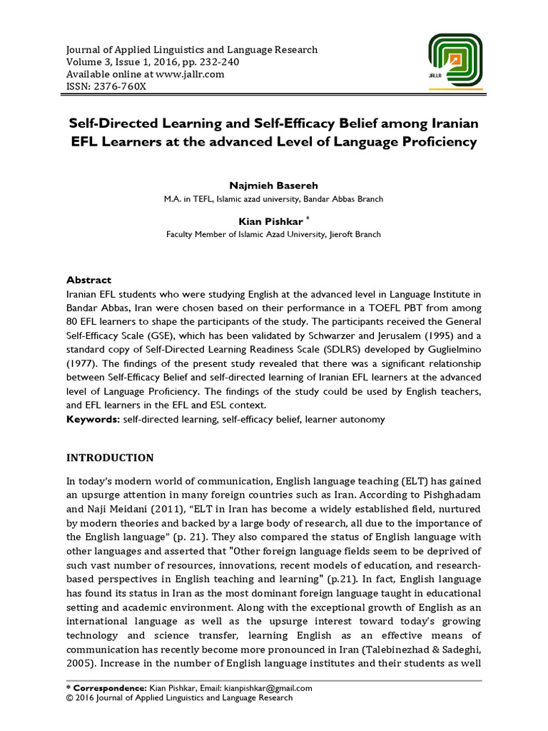 Self-Directed Learning in Iranian EFL Learners | PDF | Self Efficacy ...