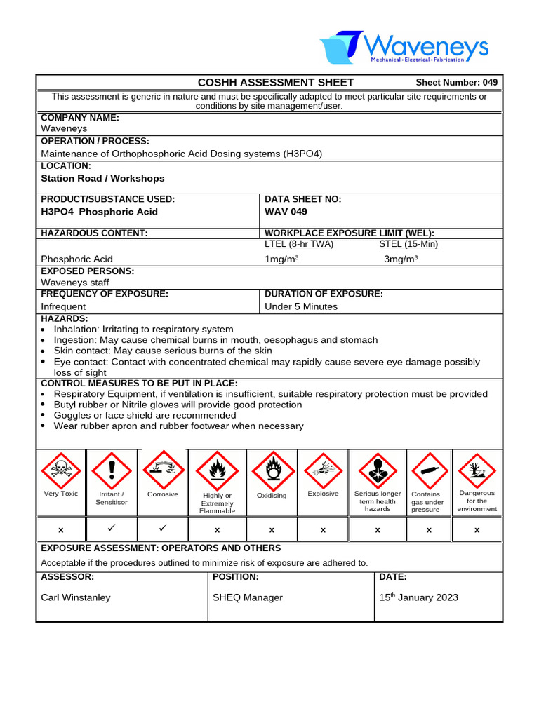 COSHH Assessment for Phosphoric Acid | PDF | Hazards | Phosphoric Acid