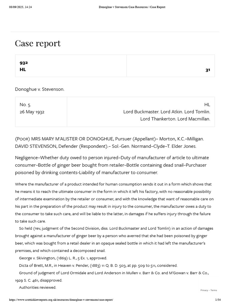 Donoghue v Stevenson Case Summary | PDF | Negligence | Duty Of Care