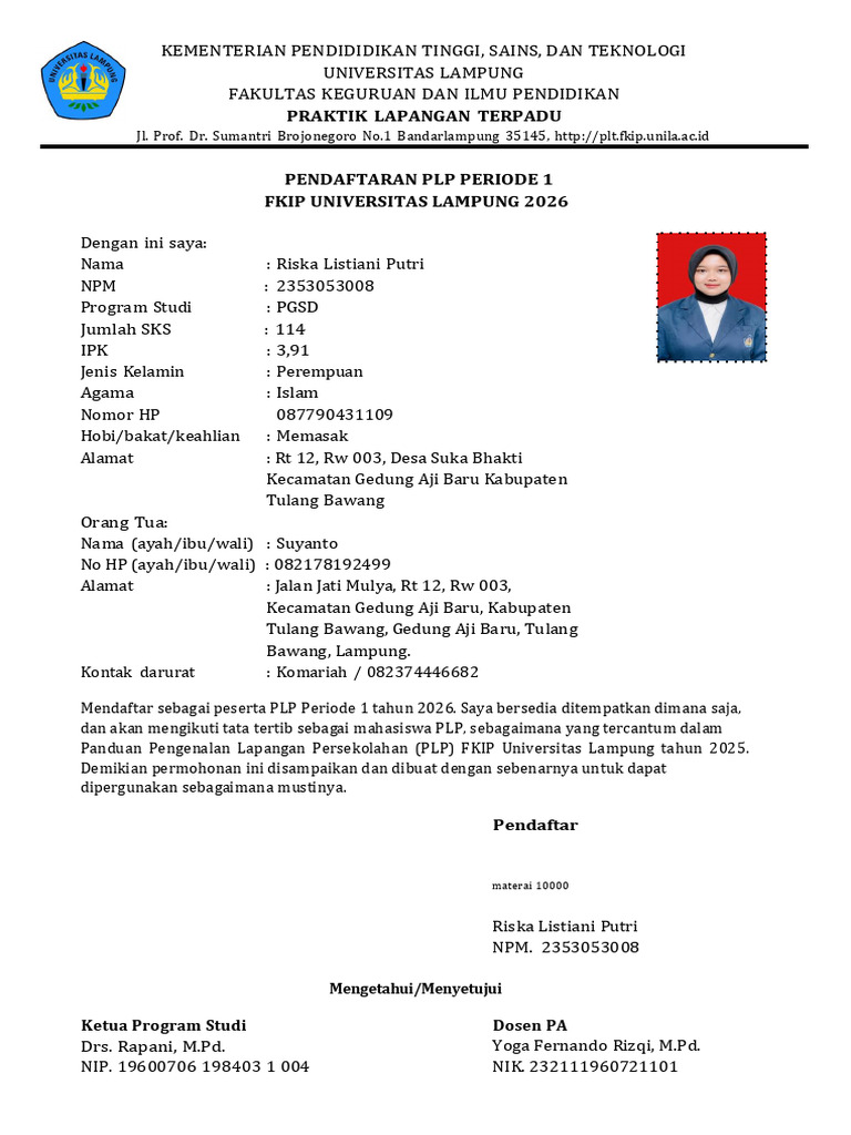 Formulir PLP Riska Listiani Putri_2353053008 | PDF