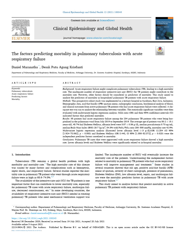 The Factors Predicting Mortality in Pulmonary Tuberculosis With Acute ...