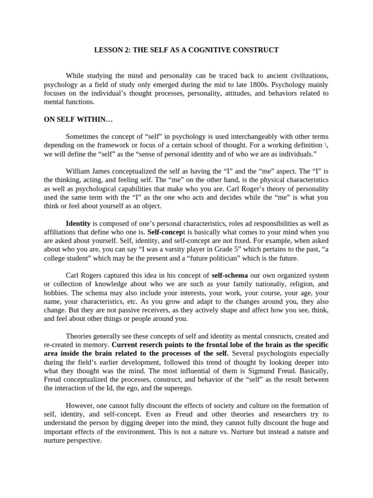 Lesson 3 The Self As A Cognitive Construct | PDF | Thought | Mind