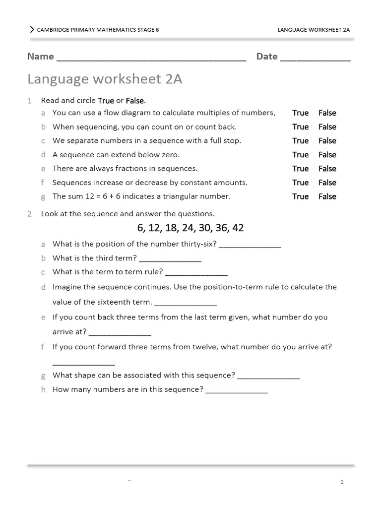 Cambridge Primary Math Stage 6 Worksheet | PDF