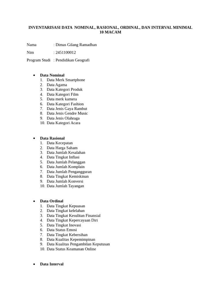 Jenis Data: Nominal, Rasional, Ordinal, Interval | PDF
