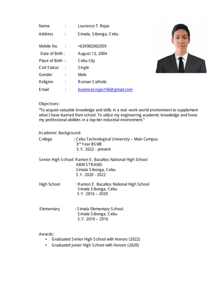 Lourence T. Rojas - Engineering Student Profile | PDF