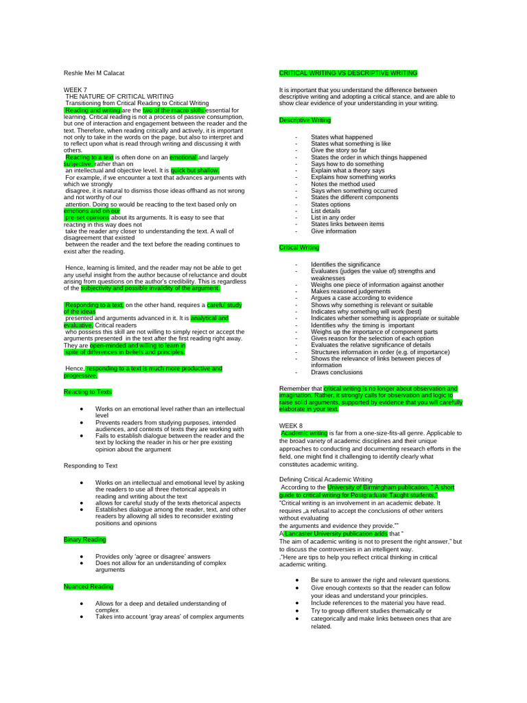 Critical Writing vs. Descriptive Writing Guide | PDF | Argument ...