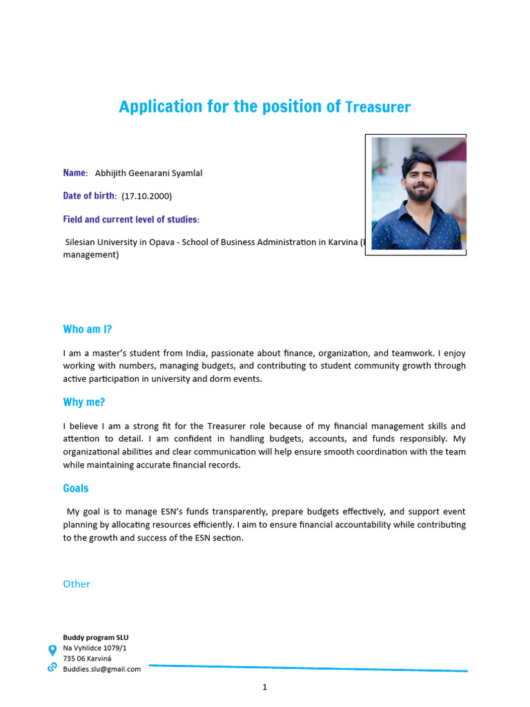 Application For Treasurer | PDF