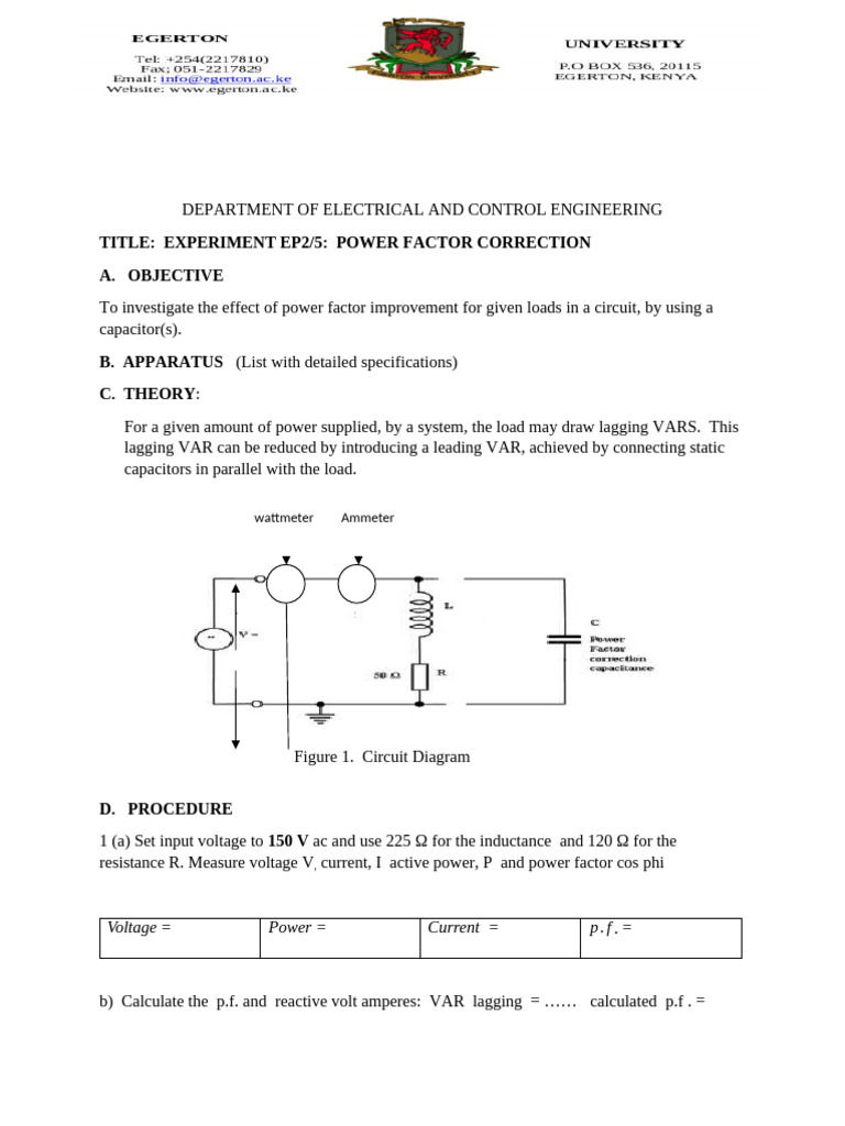 Power Factor Correction Experiment Guide | PDF