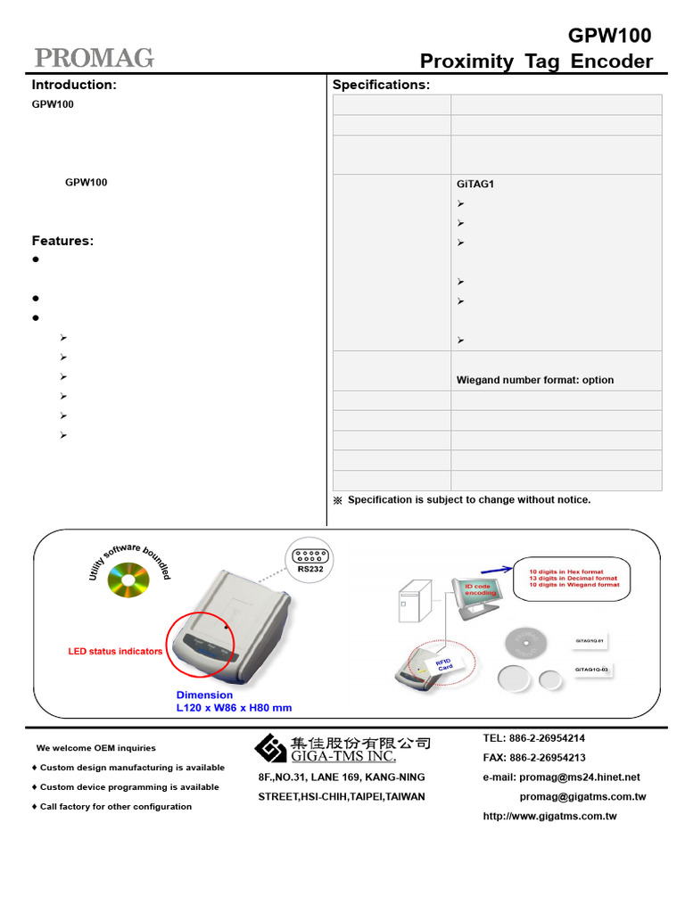 GPW100 Proximity Tag Encoder Overview | PDF | Bit | Computer Hardware