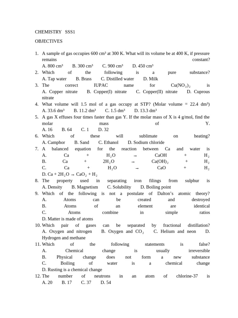Chemistry SSS1 & SSS2 Exam Questions | PDF | Chemical Reactions | Gases