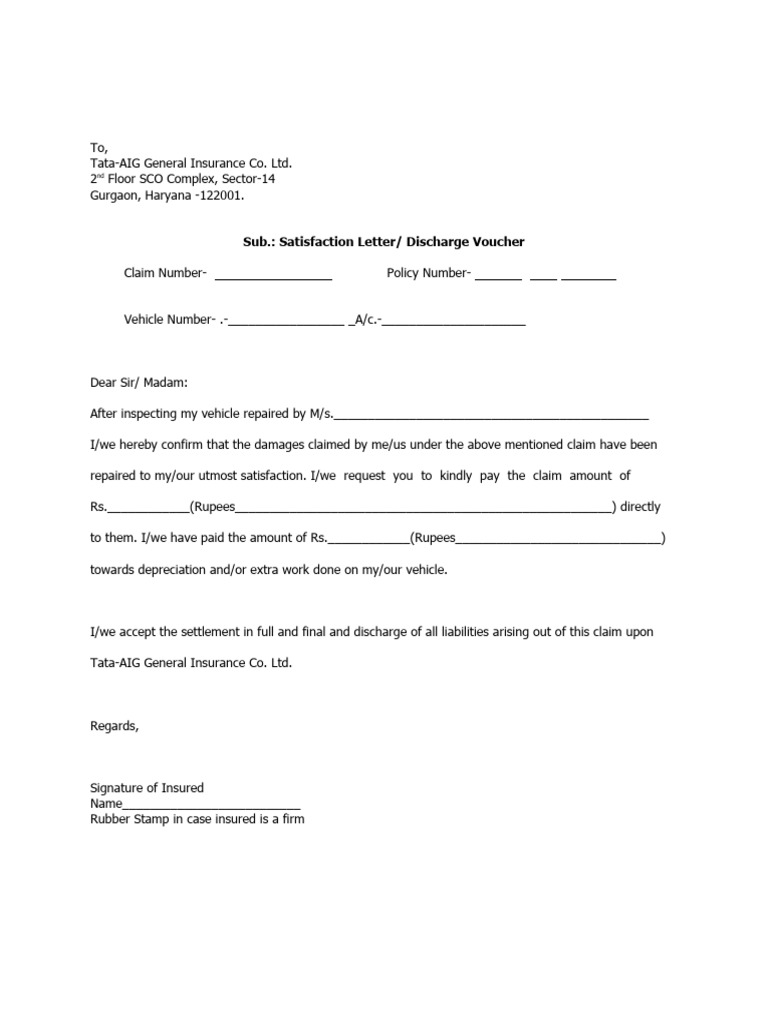 Satisfaction Letter for Insurance Claim | PDF