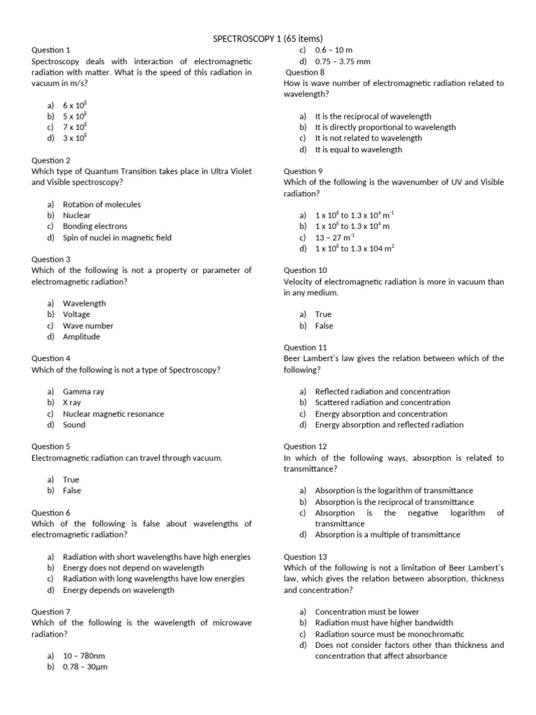 Spectroscopy Basics: 65 Quiz Questions | PDF | Electromagnetic ...
