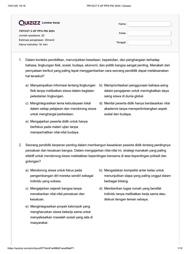 Tryout PPG PAI 2024: Soal Pendidikan dan Nilai | PDF