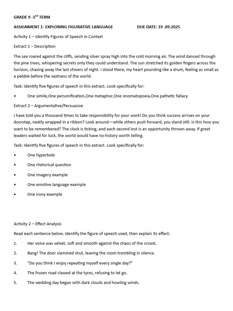 Grade 9 Figurative Language Assignment | PDF
