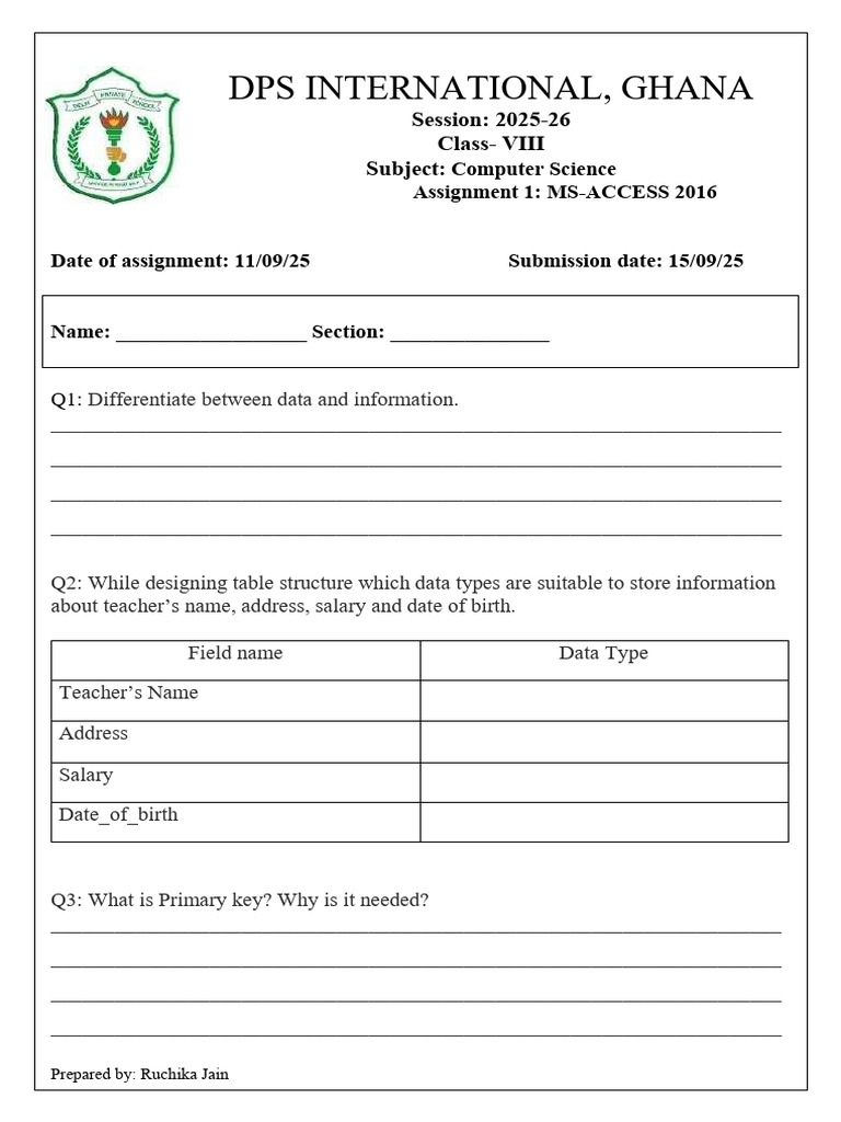 MS-Access 2016 Assignment for Class VIII | PDF | Information Technology ...