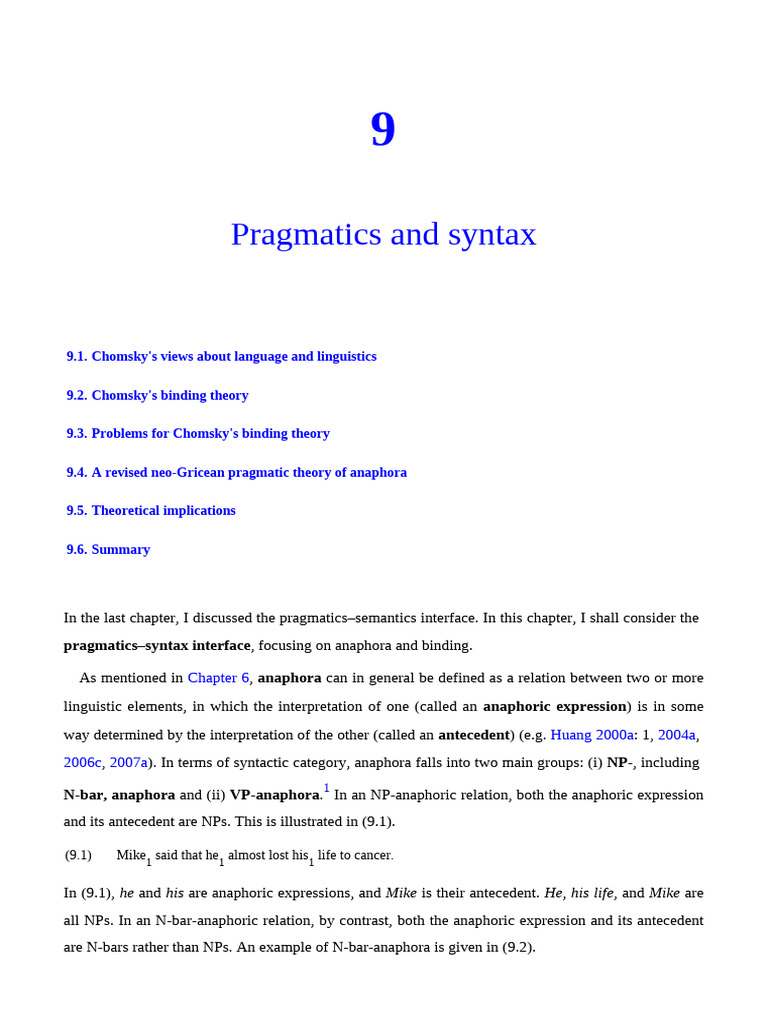 Pragmatics - (9. Pragmatics and Syntax) | PDF | Syntax | Pronoun