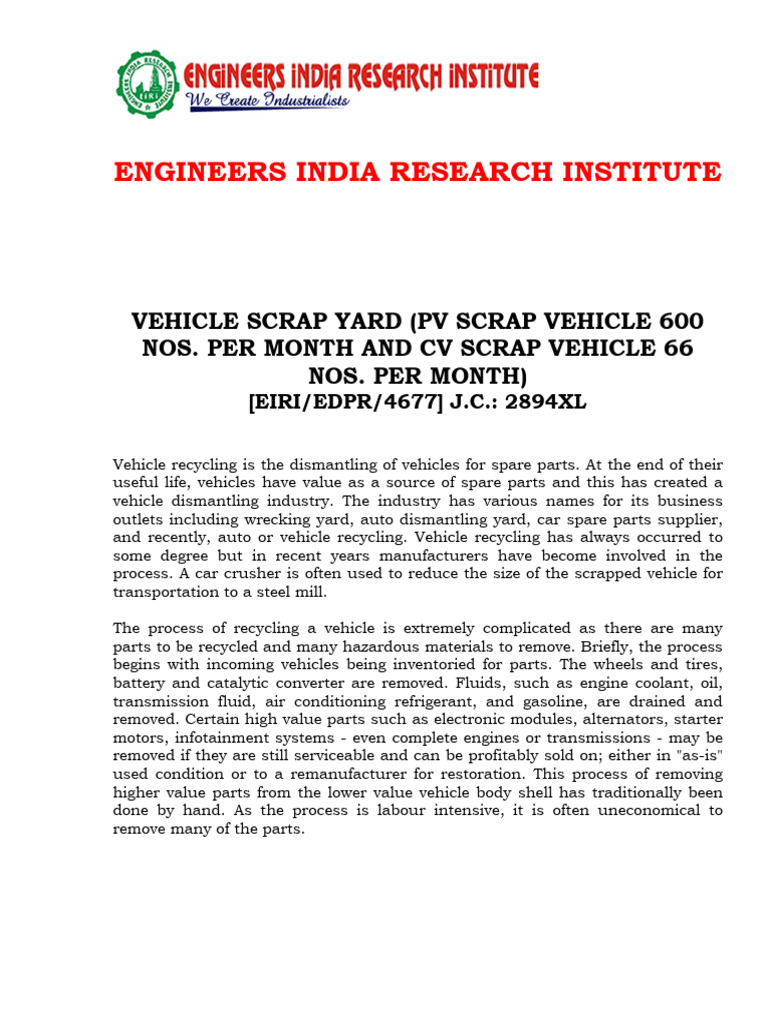 Detailed Project Report On VEHICLE SCRAP YARD (PV SCRAP VEHICLE 600 NOS ...