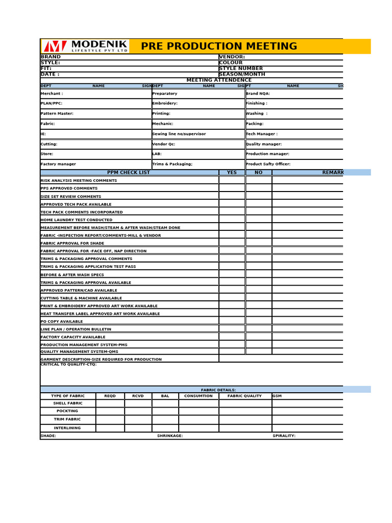 Pre-Production Meeting Checklist | PDF | Sewing | Textile Arts