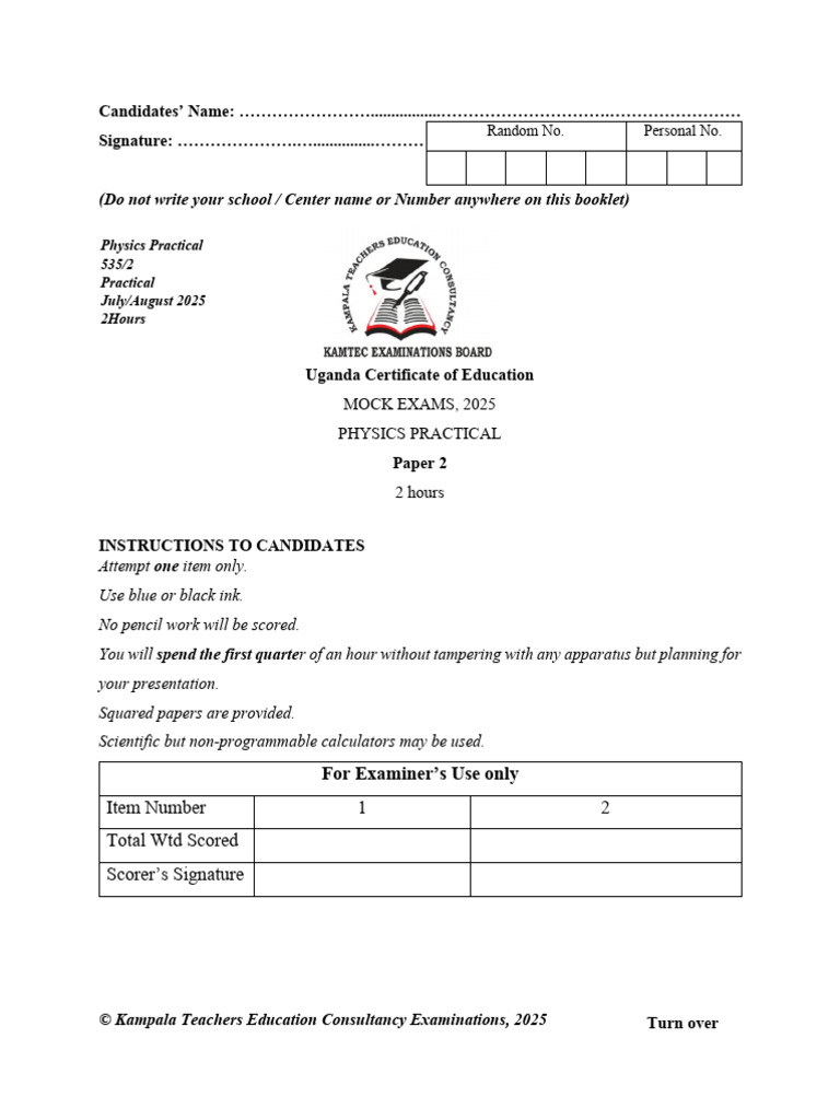 UCE 2025 Physics Practical Mock Exam | PDF