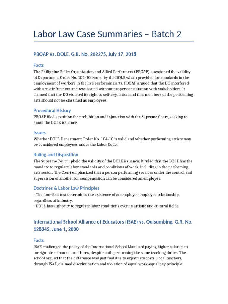 Labor Law Case Summaries Overview | PDF | Employment | Labour Law