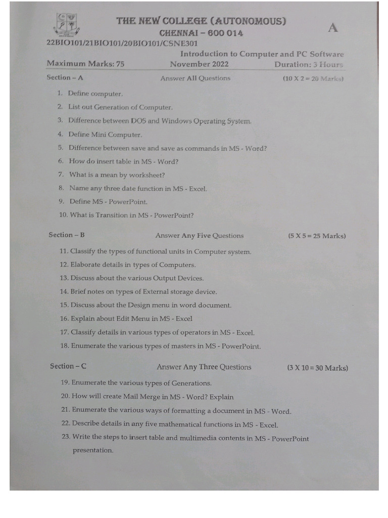 Introduction To Computer and PC Software (QP Nov 2022) | PDF