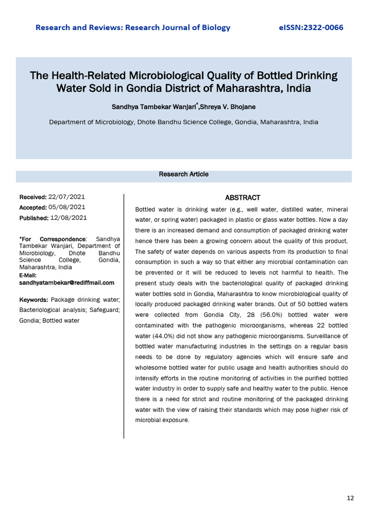 Microbial Quality of Bottled Water in Gondia | PDF | Drinking Water | Water