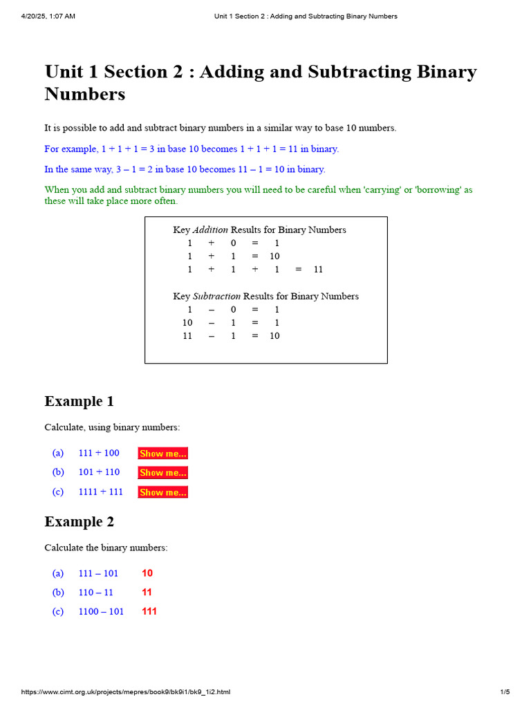 Binary Addition and Subtraction Guide | PDF | Subtraction | Decimal