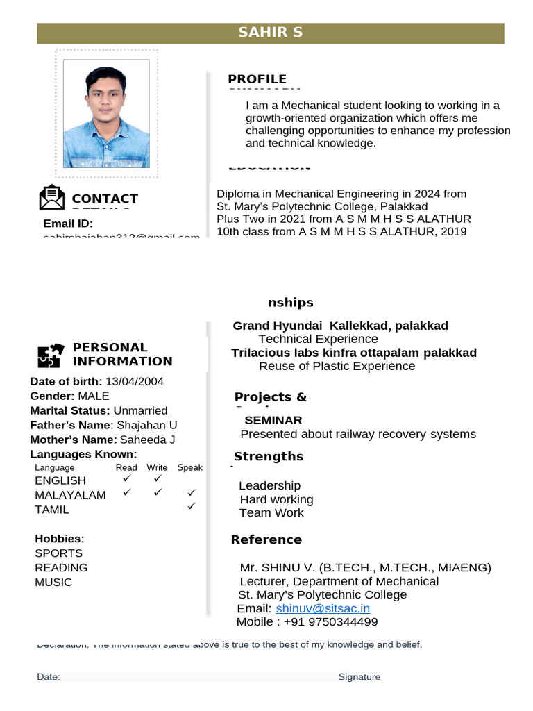 Mechanical Engineering Student Profile | PDF