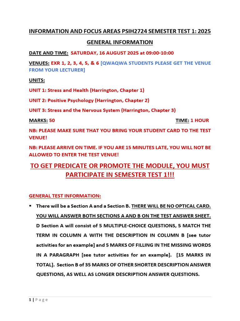 PSIH2724 Semester Test 1 Details | PDF | Stress (Biology ...