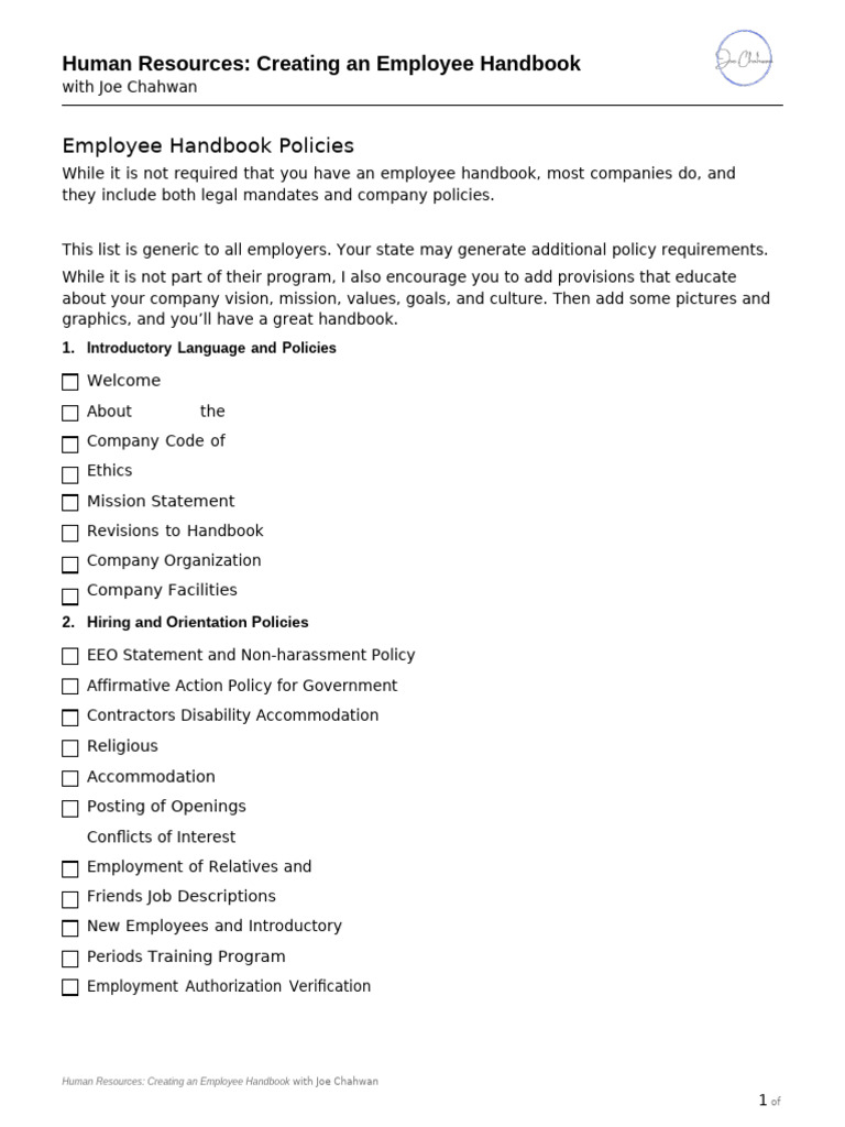 Employee Handbook Policies Pdf Employment Labor