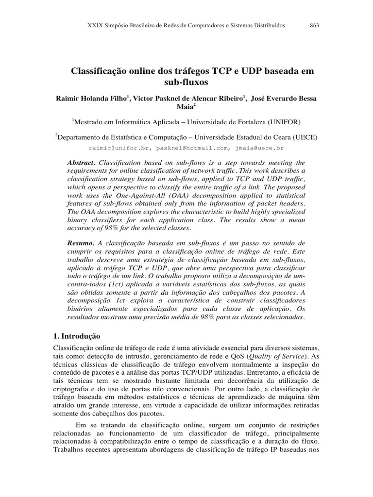 Classificação Online de Tráfego TCP/UDP | PDF | Protocolo de controle ...