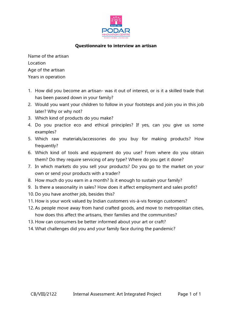 Artisan Interview Questionnaire | PDF