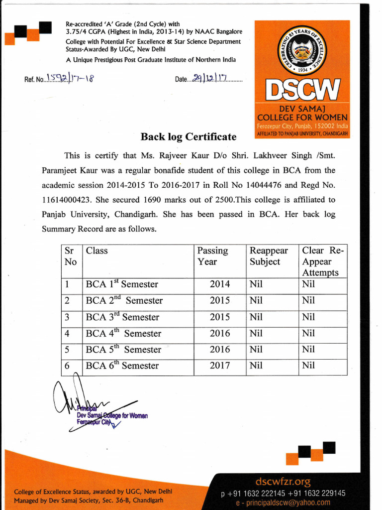 BCA Backlog Certificate for Rajveer Kaur | PDF